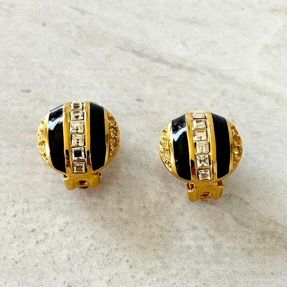 Vintage Christian Dior Black Enamel Rhinestone Earrings Gold Plate Hexagonal 90s - Picture 5 of 5